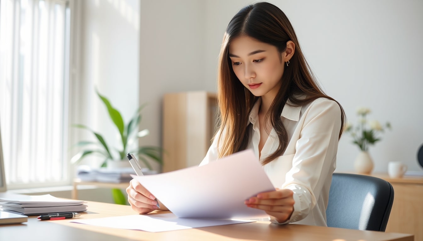 短期滞在ビザの必要書類を作成する女性