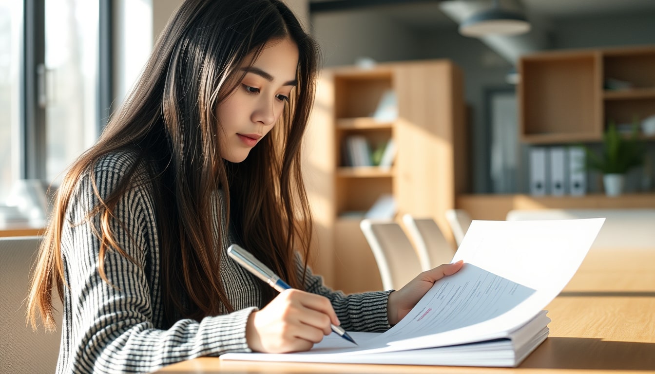 短期滞在ビザの書類をチェックしている女性